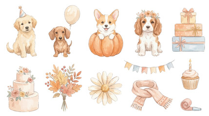 Obraz premium Watercolor autumn birthday dog clipart collection with cozy seasonal elements. Collection of Vector illustrations for invitation, card, poster, banner, decoration