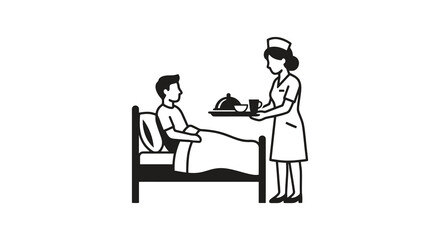 Fototapeta premium Creative Black and White of Nurse Serving Patient in Hospital Bed with Tray of Food and Drink with high quality professional line art symbols for modern creative design and digital branding projects