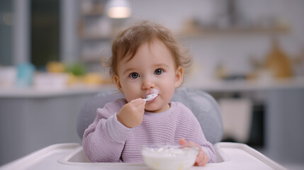 Fototapeta premium Happy toddler enjoying a healthy yogurt breakfast at home