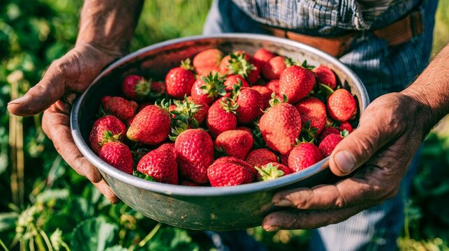 Farmer man's hands holding large bowl filled with ripe red strawberries among green foliage, showing fresh harvest, organic farming, agriculture, berry cultivation and natural food production concepts