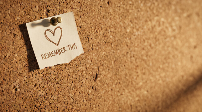 Cork bulletin board background with pinned sticky note paper featuring handwritten remember this and heart