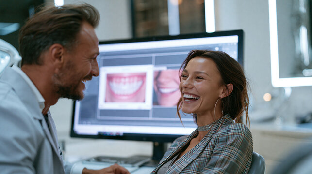 Happy patient consulting with a dentist after a successful dental examination