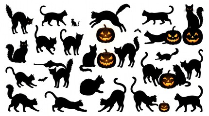 Obraz premium Set of black cat silhouettes and glowing jack o lantern pumpkins for halloween spooky holiday celebration design elements collection in various poses and expressive jumping stances