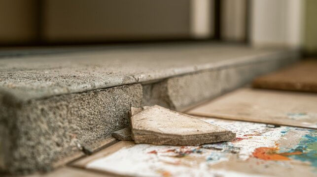 Broken ceramic floor tile with cracked grout and paint spots on doorstep edge, showing home maintenance issues, construction defects, renovation needs, property inspection and safety risks