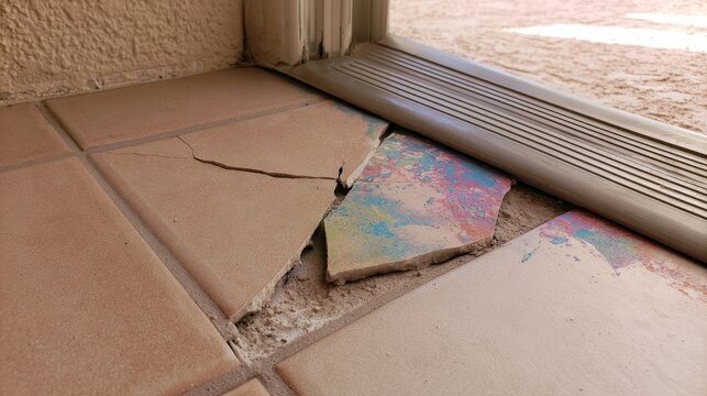Broken ceramic floor tile with cracked grout and paint spots on doorstep edge, showing home maintenance issues, construction defects, renovation needs, property inspection and safety risks
