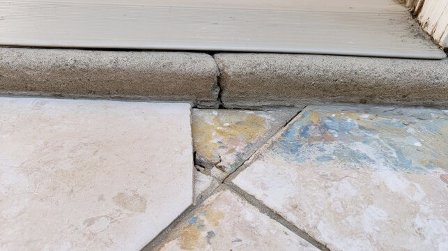 Broken ceramic floor tile with cracked grout and paint spots on doorstep edge, showing home maintenance issues, construction defects, renovation needs, property inspection and safety risks