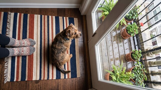 Small scruffy dog looking through glass balcony door sitting on striped rug
