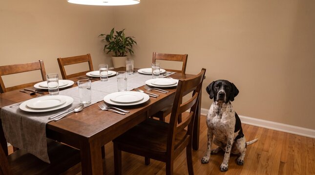 Loyal dog sitting by dining table waiting for dinner in a cozy home interior.