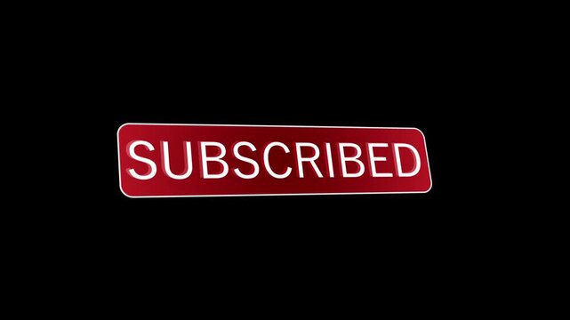 YouTube subscribe confirmation visual red glossy subscribed label, white cursor pointer, black minimal background. creator channels, social promos, call to action videos, end screens, motion graphics.