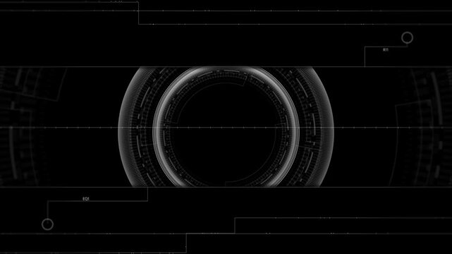 Dark grey tech scanner visual circular data rings, horizontal interface lines, and minimal black monitor space. surveillance clips, security systems, coding intros, machine screens, motion graphics.