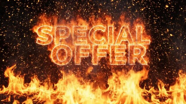 Flaming special offer text against dark background with sparks