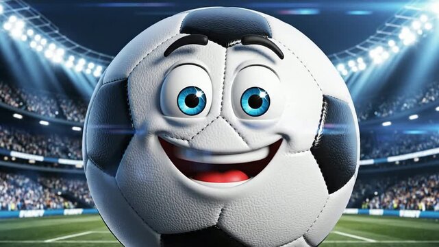 Animated soccer ball character mascot winking and smiling in stadium arena for sports marketing and kids entertainment
