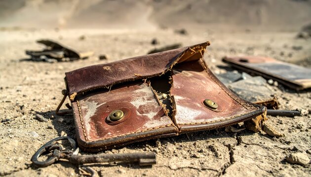 Worn leather wallet and old key abandoned on cracked dry earth, symbolizing loss and neglect