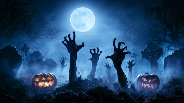 Zombie hands rising from haunted cemetery under full moon with glowing Halloween pumpkins