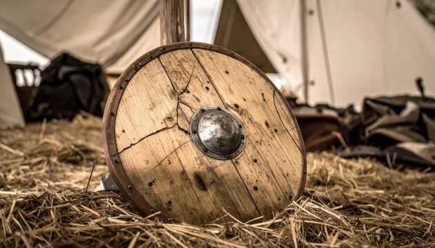 Weathered Wooden Viking Shield Resting on Hay Near Tents, Evoking Historical Reenactment and Medieval Era