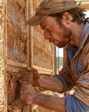 Sustainable Mud Brick Construction: Artisan Worker Embracing Traditional Craftsmanship