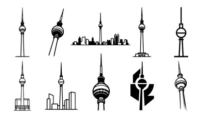 Berlin TV Tower Fernsehturm landmark collection with skyline geometric badge and monogram black vector illustration outline icon set © Abdullahall