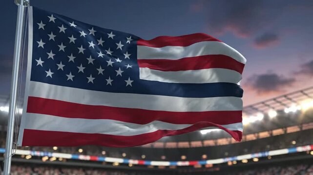 American flag waving proudly at a sports stadium at sunset patriotic symbolism for national events and celebrations