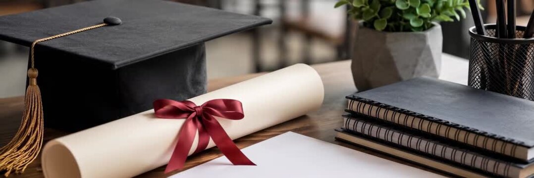 Graduation cap and diploma arranged with notebooks on a study desk, education, achievement website banner