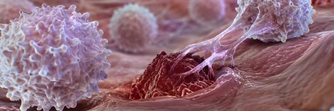 Immune cells attacking a cancer cell, immunotherapy, oncology website banner