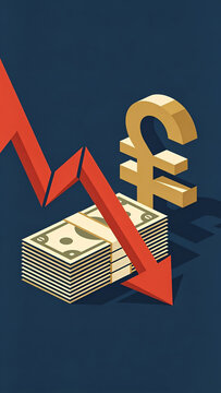Isometric vector illustration showing a sharp red downward arrow cutting through a stack of cash and currency symbols on a dark background, representing inflation or market crash.