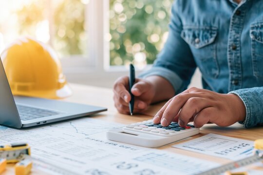 Engineer and architect planning construction project budget with blueprint calculator