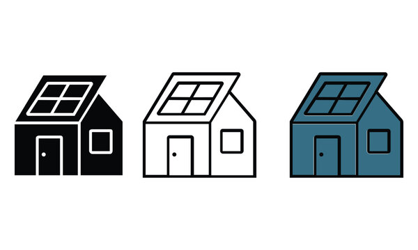 Three House Icons With Solar Panels On Roofs