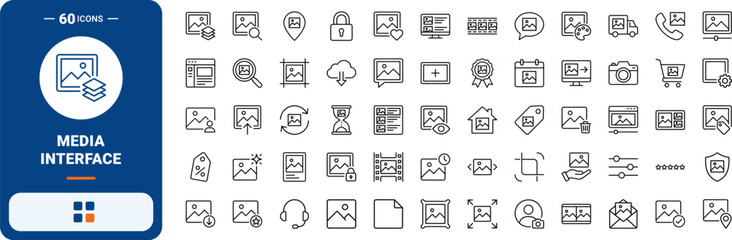 Naklejka premium Media design line icon set. Vector pictograms of thumbnail, gallery, interface, and media elements, thin linear illustration.