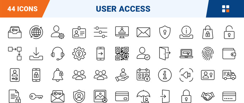 Security line icon set. Vector pictograms of access, portal, key, and account elements, thin linear illustration.