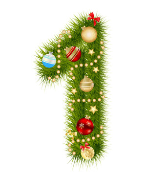 Festive number one decorated with evergreen branches and christmas ornaments on a white background