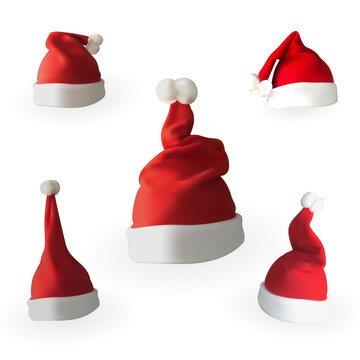 Collection of red Santa hats with white trim on a white background