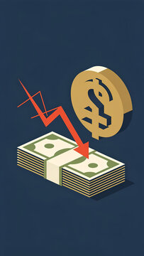 Creative flat vector element of a plunging red trend arrow with a bundle of paper money and golden currency sign on a solid clean background for website banners or reports.