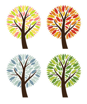 Four stylized trees with colorful foliage representing seasons on a white background