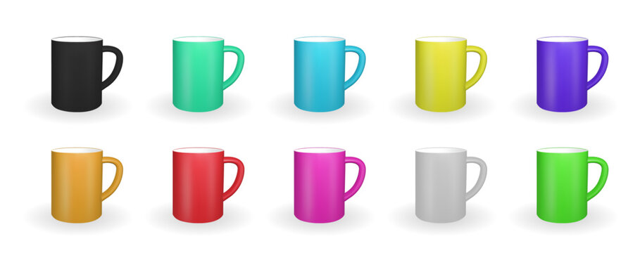 Colorful ceramic mugs arranged in a row with gradient shades and a white background