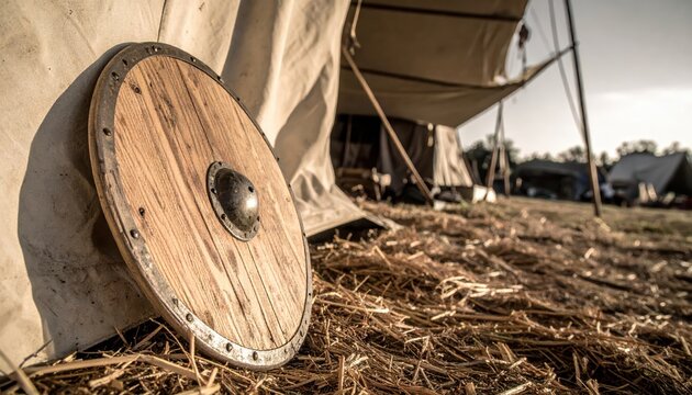 Wooden Viking Shield Leaning Against Tent at Historical Reenactment Camp