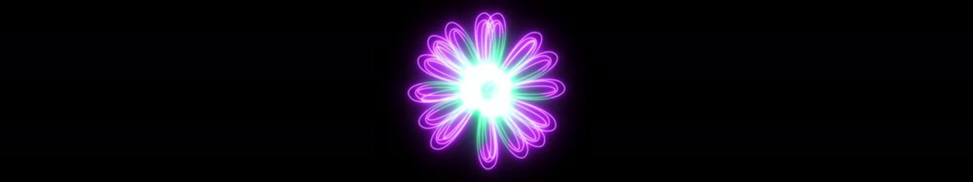 Ultrawide Abstract Neon Flower Animation with Glowing Green and Purple Petals, Futuristic Floral Light Background, Seamless 4K Loop
