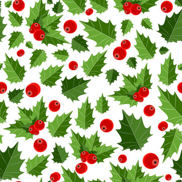 Holly berries and leaves seamless pattern on white background for winter holiday designs