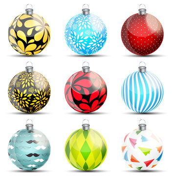 Collection of colorful christmas ornaments with varied patterns on a white background