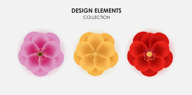 Floral arrangement of three colorful blossom vector illustrations on a white background