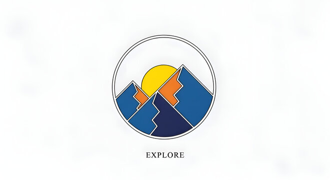 Geometric mountain range with sun rising minimalist design blue and orange colors circle logo