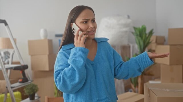 Woman in blue sweater holds smartphone to her ear with palm raised in a questioning gesture among packed moving boxes and ladder inside a building; moving frustration.