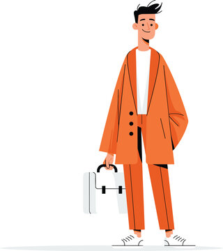 Modern businessman character in orange suit, professional man holding briefcase, stylish flat vector illustration for corporate branding, office website banner, marketing presentation and business UI