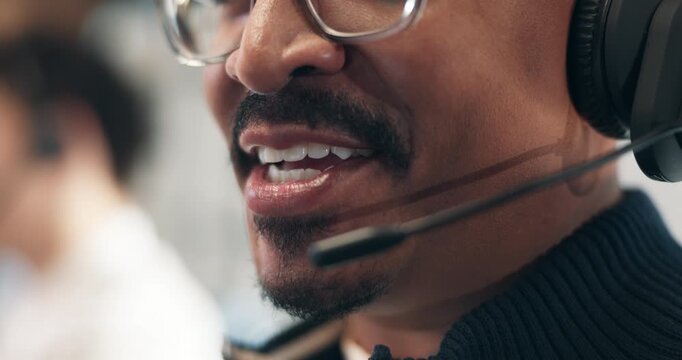 Call center, mouth and man talk with headset for customer support, network feedback or assistance. Mic, smile and consultant speaking to client for internet connection, help service or laughing