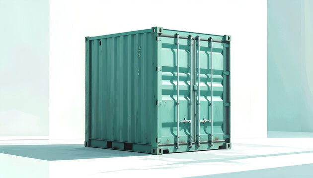 Green shipping container with double doors standing upright on a clean floor studio shot