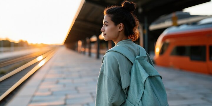 Young woman with backpack at train station sunrise commuter travel background for banner and website hero