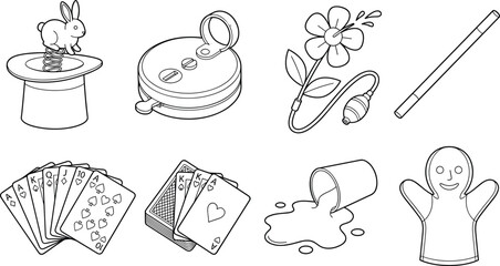Obraz premium Magic trick set and novelty prank props line art vector collection