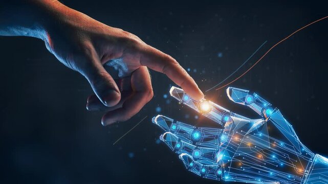 Human hand touching futuristic robotic hand with glowing lights symbolizing technology and artificial intelligence connection
