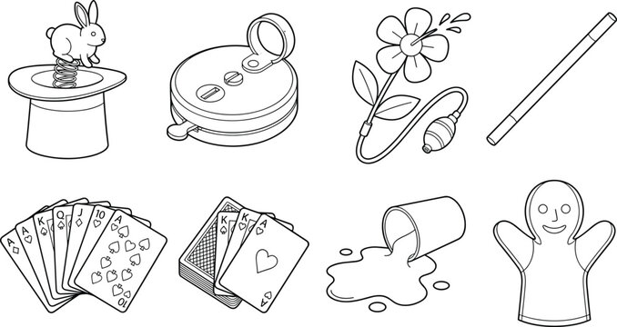 Magic trick set and novelty prank props line art vector collection