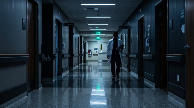 Lone Doctor Walking Through Dark Hospital Corridor at Night