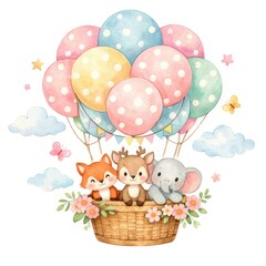 Fototapeta premium Whimsical animals in balloon basket.